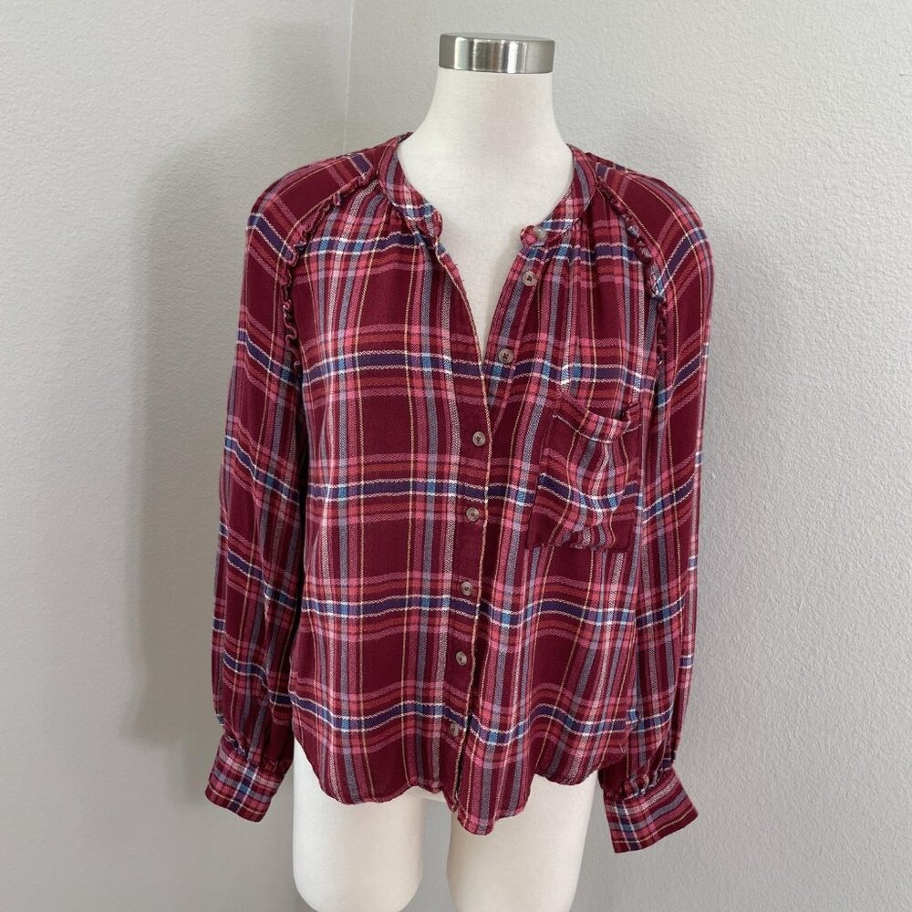 Pilcro‎ Shirt Womens Medium Red Plaid Button Front Long Sleeve Boho Blouse Top